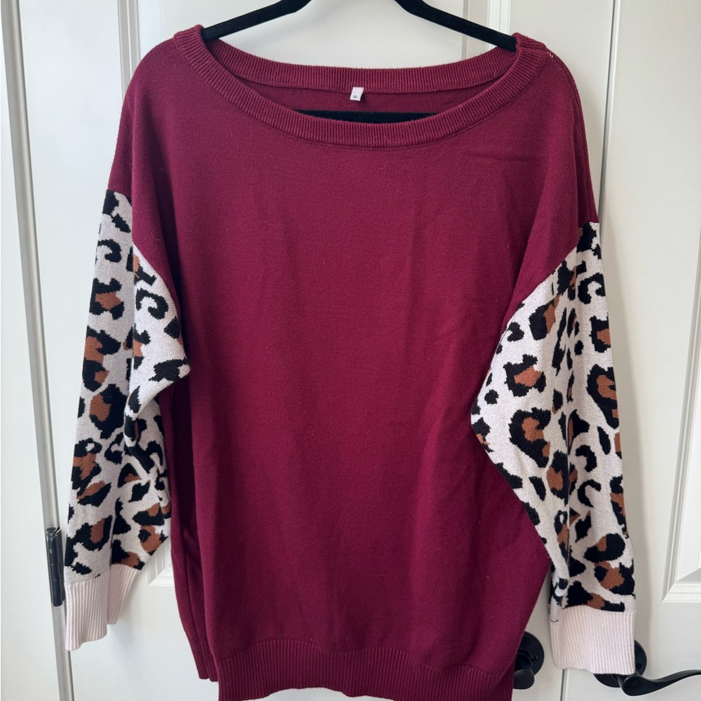 Amazon Burgundy Sweater with Leopard Print Sleeves